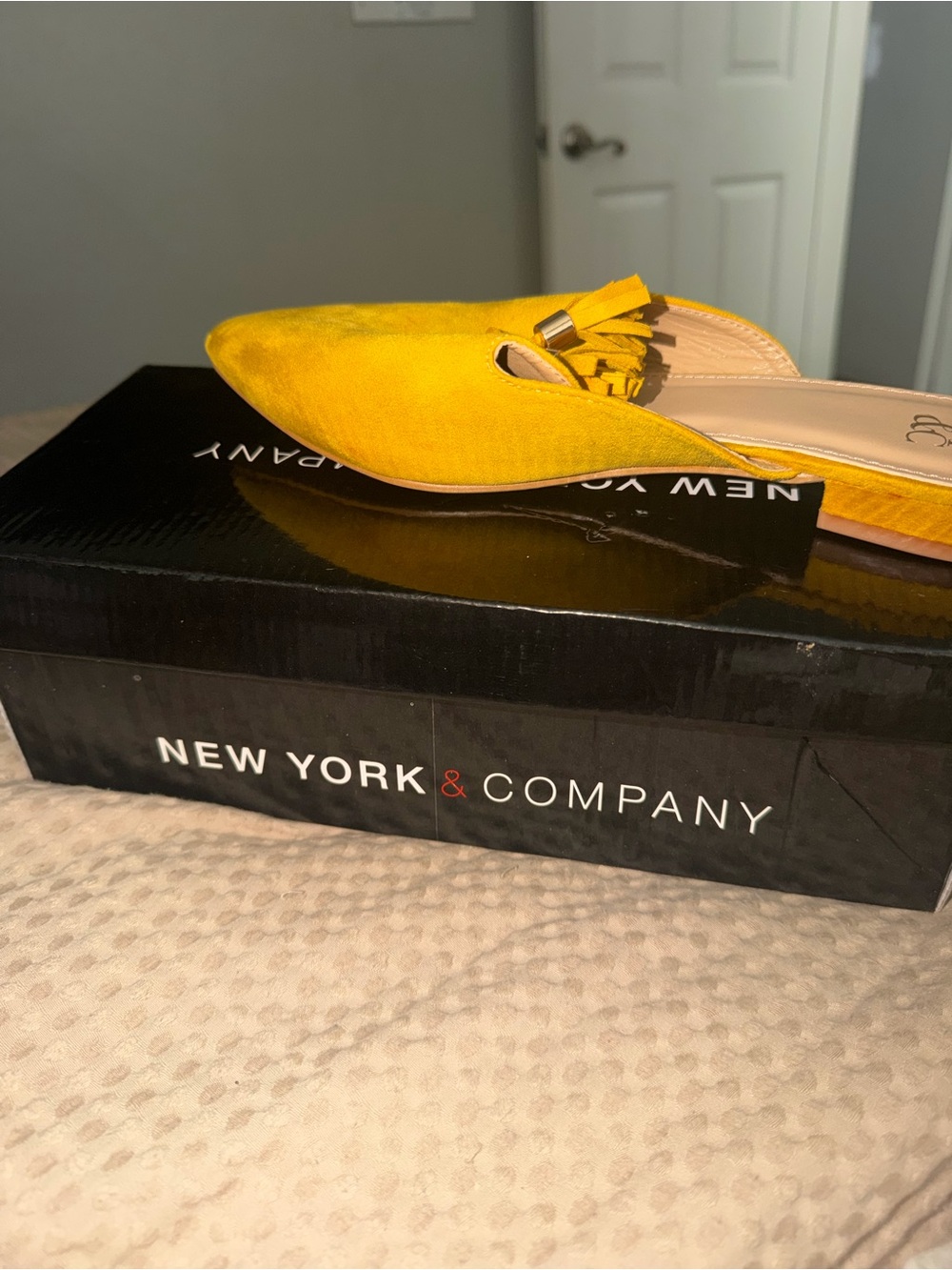 New York & Company Yellow Suede Pointed Tassel Slip-On Mule